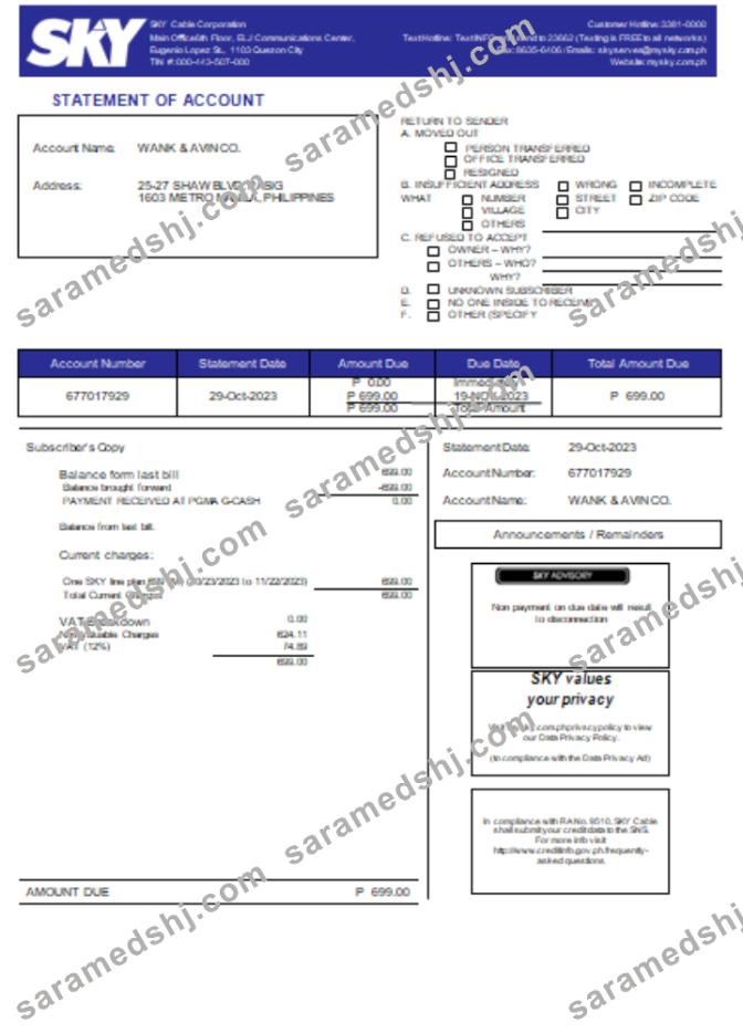 Sky Cable Corporation utility business bill, SCR